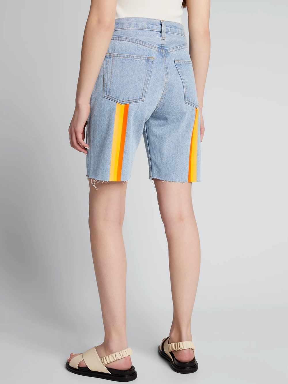 STILL HERE NYC Sunset Frayed Light Wash Yellow Striped Denim Shorts Size 28